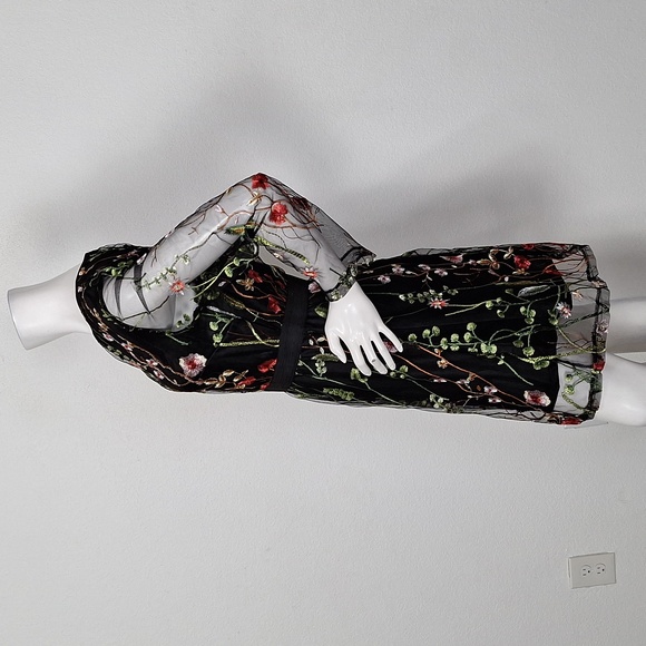 Black Floral Embroidered Romantic Sheer Whimsigoth Long Sleeve Dress Size M - Picture 10 of 12